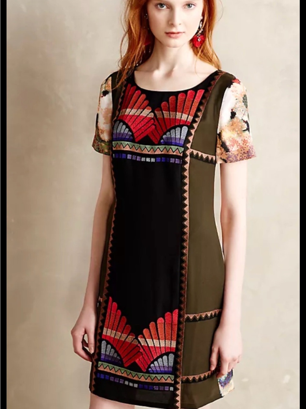 Ranna Gill Black Shift Dress with Red & Rust Floral Embroidery